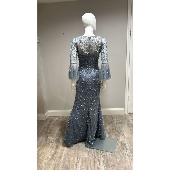 Theia Flounce Sleeve 3-D Embroidered and Beaded  Dusty Blue Gown Size 2 - Picture 12 of 14